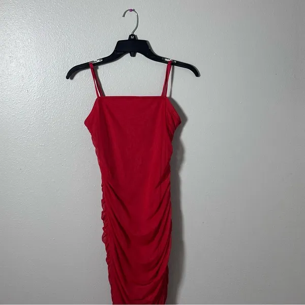 Wild Fable Women Elegant Red Spaghetti‎ Strap Dress Ruched Mesh Dress Sheer M - Image 3