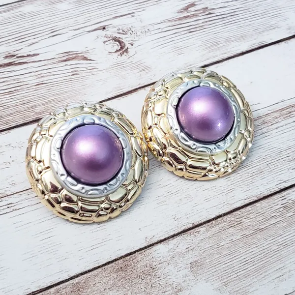 Vintage Clip On Earrings Large Statement Metallic Purple, Gold Tone, Silver Tone - Image 2