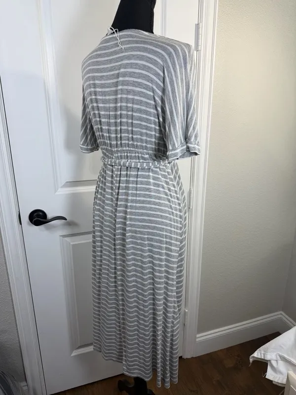 PinkBlush Grey Striped Tie Waist Tulip Hem Maternity Dress Size L - Image 5