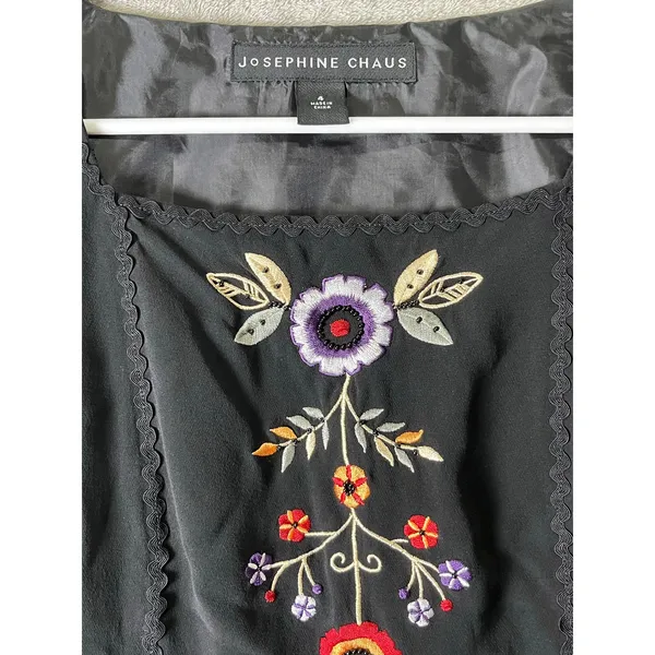 Vintage Dark Romantic Embroidered Silk Sleeveless Blouse Floral Lace Trim Size 4 - Image 2