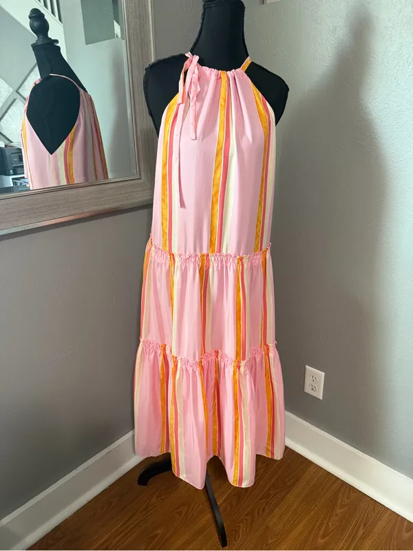 NWT Club Monaco Amirra Candy Striped silk midi coquette Barbie cottage dress 0 - Image 2