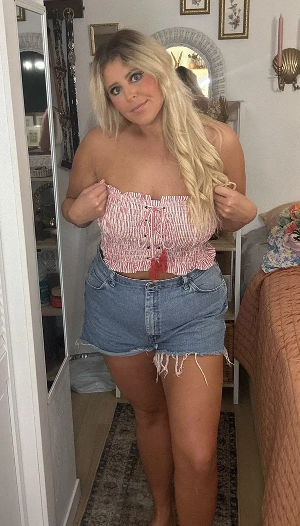 American Eagle Outfitters Red and White Ruffle Tube Top with Lace Up Detailing - Image 6