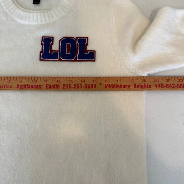 J Crew Women's Ivory LOL Varsity‎ Patch Crew Neck Pullover Sweater Small Cute - Image 5