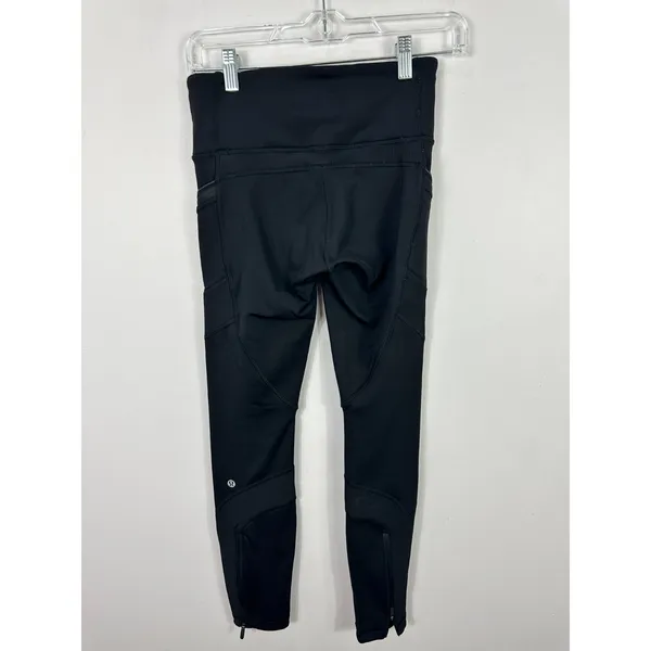 Lululemon‎ Tight Leggings Womens 4 Black Zip Pocket Ribbed Mesh Athletic Running - Image 2