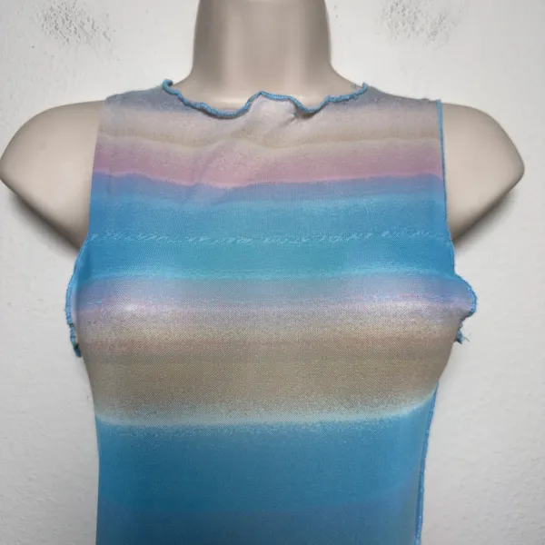 Women Y2K Indie Fairy Mini Dress Small Blue Chiffon Blue‎ Pink Ombre Mesh Cutout - Image 2