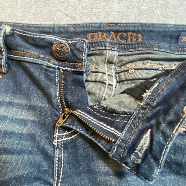 Grace in LA Jeans Womens 28 Blue Embroidered Sequin Pocket Western Distressed - Image 4