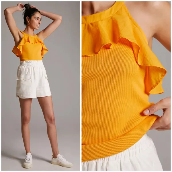 Anthropologie Maeve Orange Ruffled Rib Halter Tank Top Large - Image 8