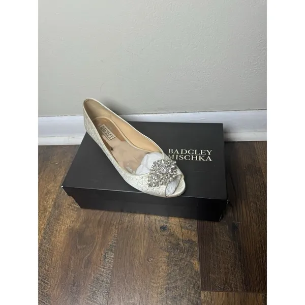 Badgley Mischka Ivory Embellished Peep-Toe Flats - Image 6
