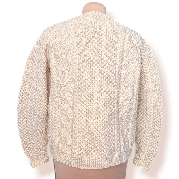 Vintage Aran Fisherman Cable Knit Cardigan Cream Wool Blend Cozy Sweater Classic - Image 6