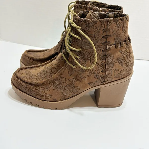 Comfort Boots Est 1946 Womens Sz 9.5 Brown Ankle Floral Print Lace Up Tassel - Image 7