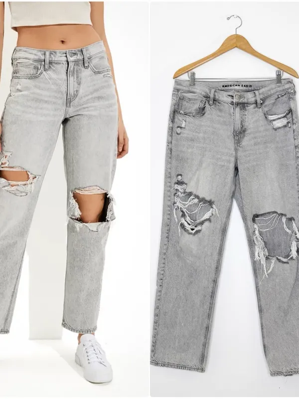 American Eagle 90s Straight Jeans Gray Distressed High Rise Size 14 - Image 7