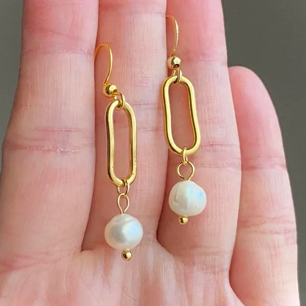Handmade gold tone stainless steel natural shell pearls chic fairy boho vintage style dangle earrings💖 - Image 5