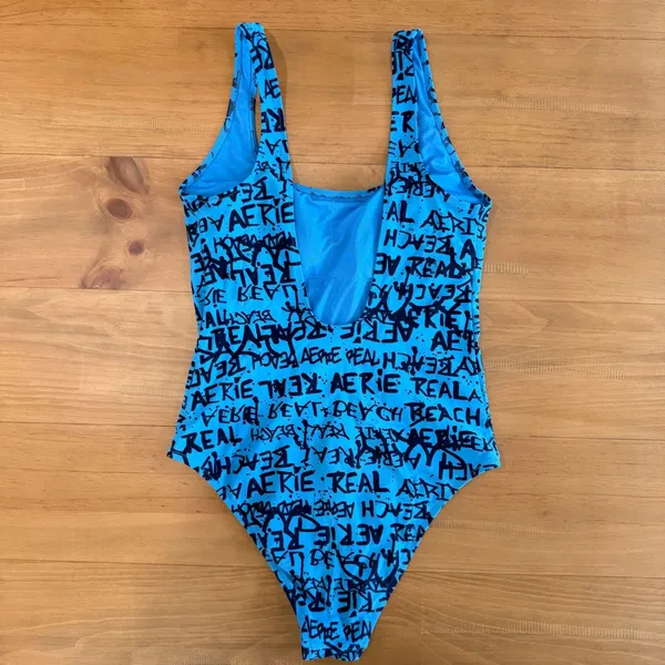 Aerie Real Beach Cheeky One Piece‎ Swimsuit Blue Black Graffiti Text Ribbed M - Image 3