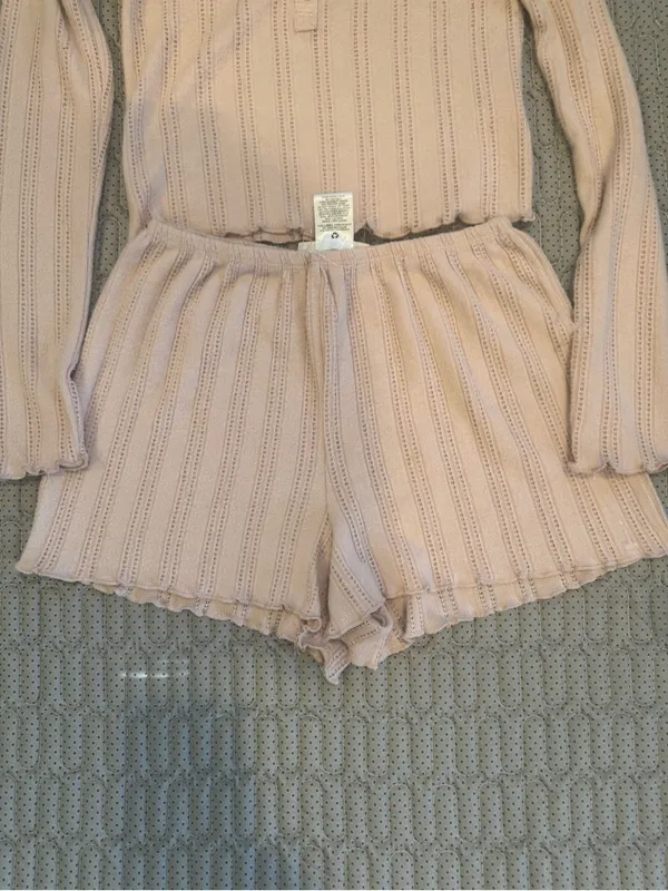Pink Rose Ribbed Button-Front Long Sleeve Top & Shorts Sleep Set - Light Pink - Image 5