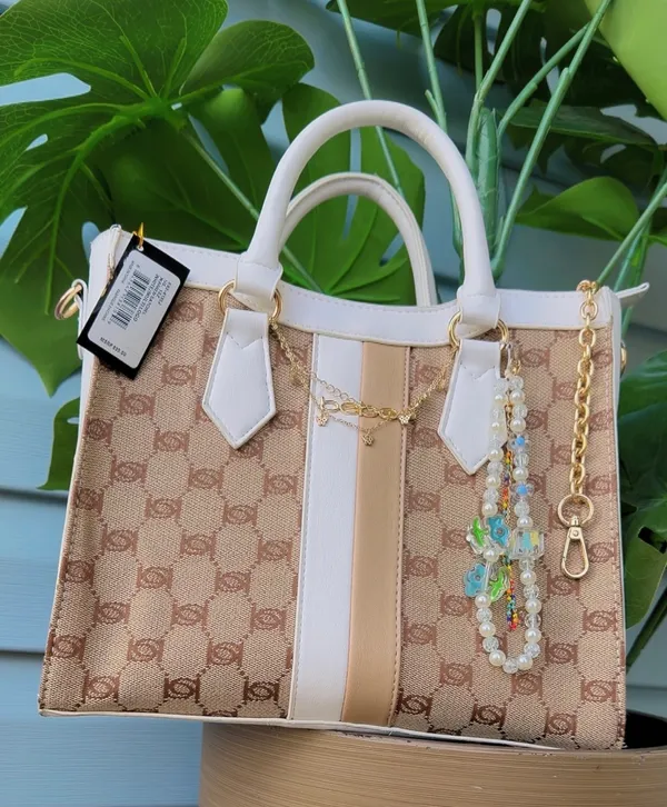 Bebe Monogram Tote Bag White Faux Leather Trim Satchel - Image 5