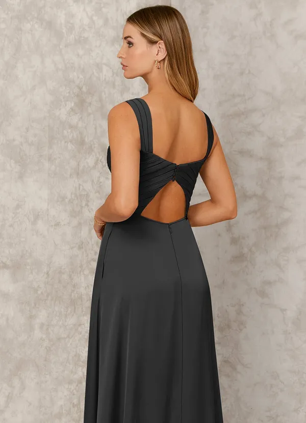 Azazie NWT X KENDALL + KYLIE A-Line Ruched Stretch Satin Floor-Length Dress in Black. Size 10. - Image 3