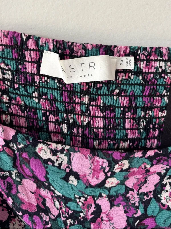 ASTR the Label Teal Purple Floral Puff Sleeve Midi Dress Ruched Slit Prairie - Image 6