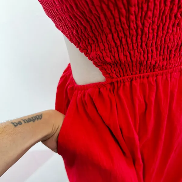Seven Wonders‎ Red Smocked Midi Dress Womens Medium Pockets Beach Vacation - Image 2