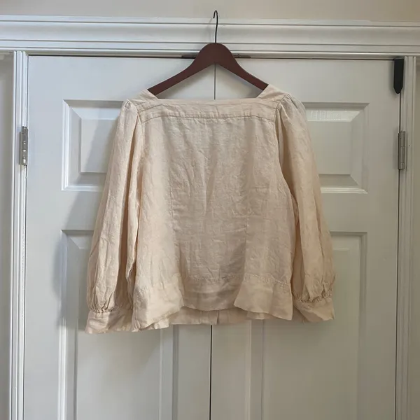 J.Crew Top Women M Cream Linen Square Neck Puff Sleeve Button Down Peasant Boho - Image 7