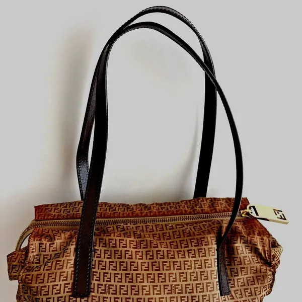 Authentic Fendi Zucca Monogram Tote Bag Brown Nylon Leather Zipper vintage - Image 3