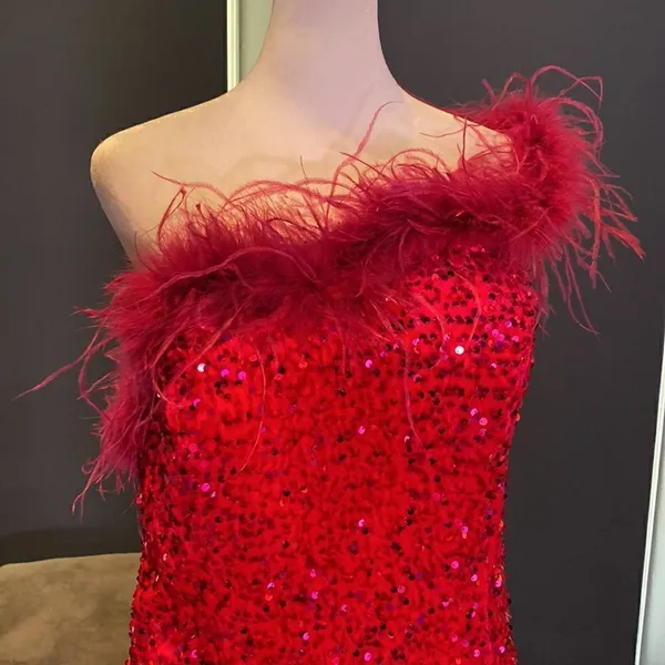 Women’s Pink Short Feather & Sequin One Shoulder Prom Party Dress Size 14 *READ - Image 2