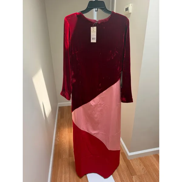 NEW Tuckernuck Silk-Blend Velvet Colorblock Maxi Dress Red Pink Size Medium - Image 3