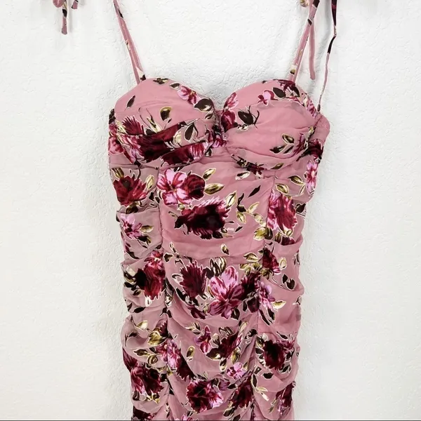 LPA Ruched Dress With Ties in Roses On Roses Pink Floral Revolve Size Small S - Image 5
