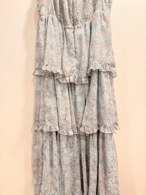 ASTR Pale Blue Floral Tiered Sweetheart Maxi Boho Dress Flutter Straps Size S - Image 5