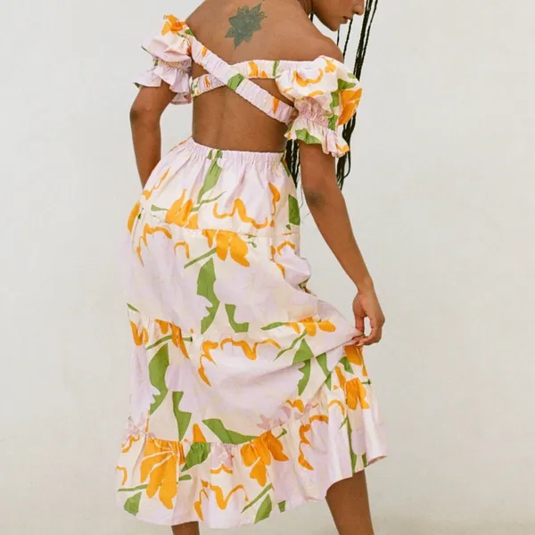 NWT Sabo Skirt Poppi Floral Cutout Tiered Maxi Dress Lavender‎ Orange Medium - Image 7
