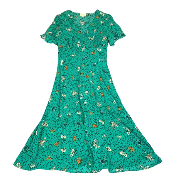 Bebop Floral Midi Dress‎ L XL Flutter Sleeve Babydoll Cottagecore Smocked Green - Image 11