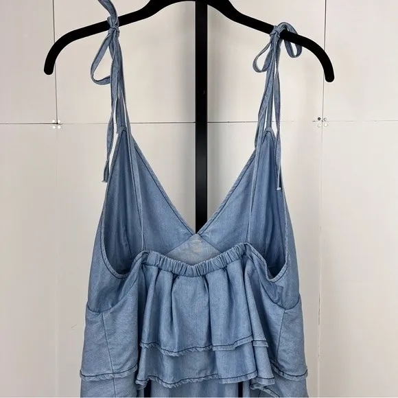 DO+BE Chambray Mini Dress Womens M Blue Tie Strap Ruffle Layered Boho Soft Girl - Image 7