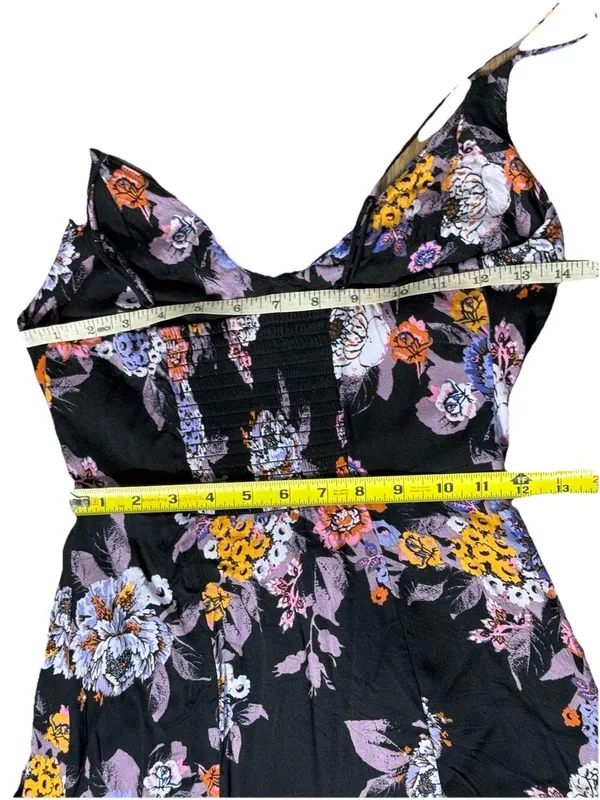 Free People Happy Heart Floral Mini Dress Small Black Purple Ruched Tie Front Sm - Image 6
