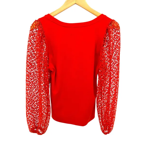 Maeve Anthropologie Red Knit Top Lace Crochet Balloon Sleeves Modern‎ Chic M - Image 7
