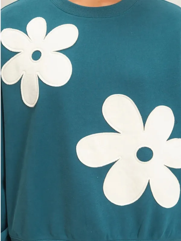 NEW Double Zero Teal Floral Appliqué Fleece Sweatshirt Jogger Set Medium - Image 3