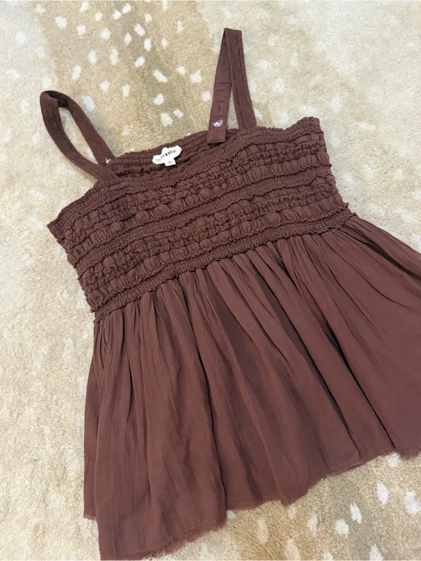 Lucky Brand XL Brown Smocked Babydoll Tank Top Adjustable Straps Boho - Image 4