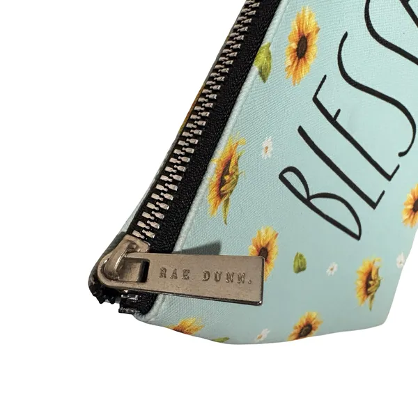 Rae Dunn Blessed Sunflower Cosmetic Makeup Bag Aqua Blue Floral Pouch - Image 3