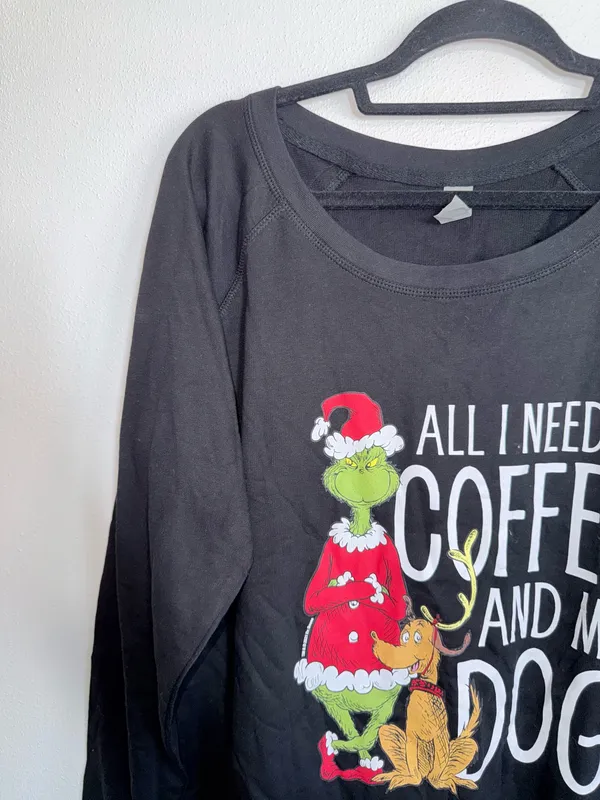 The Grinch Coffee and Dog Graphic Top Black Long Sleeve Christmas - Image 3