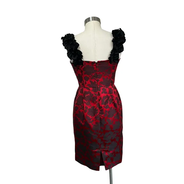 Maggy London Red Black‎ Brocade Ruffle Neck Cocktail Party Dress Size 8 - Image 4