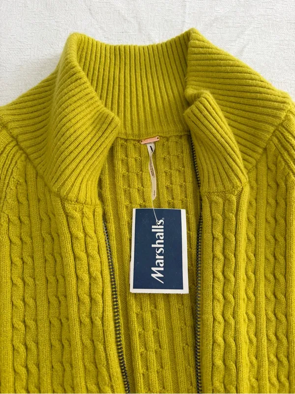 Free People Cable Knit Zip Cardigan Chartreuse Green Size S - Image 5