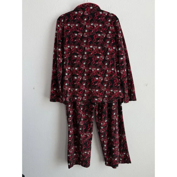 Cabernet‎ Red Long Sleeve Notch Collar Paisley Print Fleece Pajama Set Women's L - Image 2