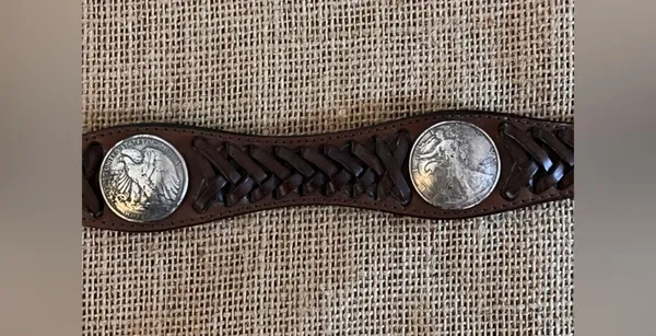 Justin Boots Brown Tooled Cowhide Leather Concho Coin Belt Silver Buckle western 32 in - Image 6
