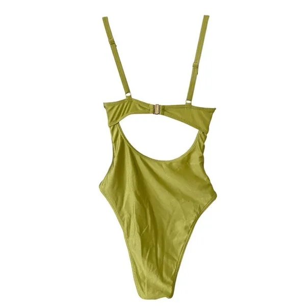 Olive green one piece swimsuit gold tone metal accents size small - Image 3