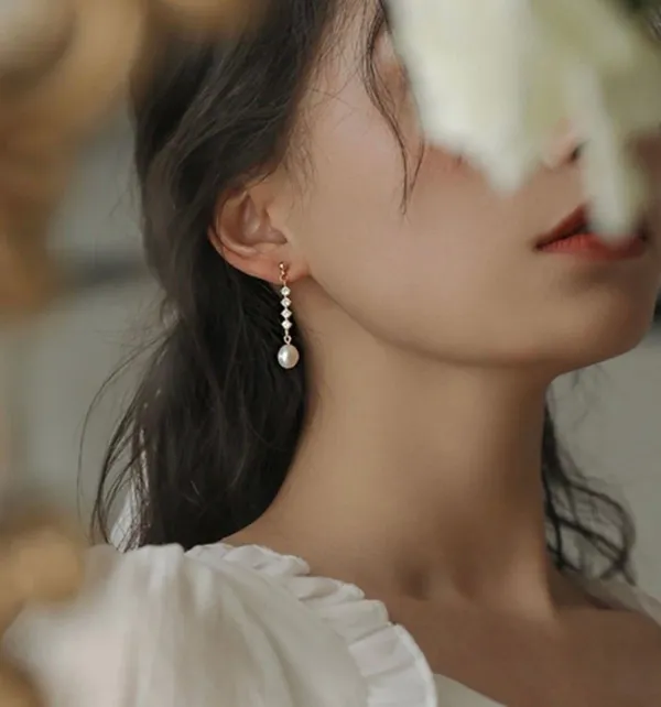 Elegant White Pear Dangle Drop Earrings for Women, CZ Pearl Earrings - Image 3
