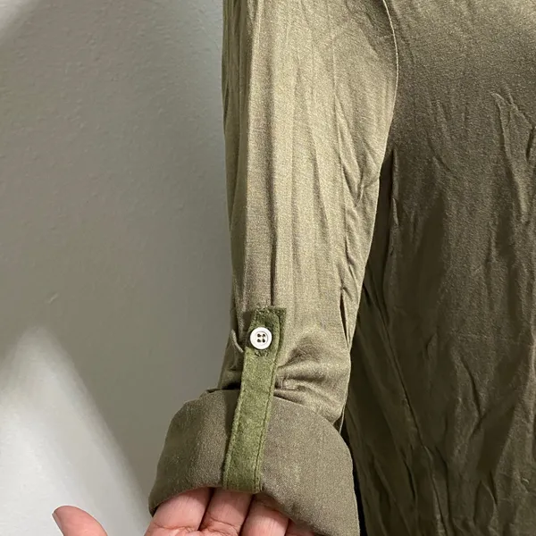 'VERY J' brand Small Olive Roll Button Sleeve Hi-Low Henley Office Blouse - Image 9
