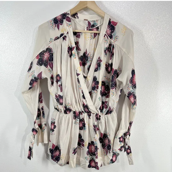 Free People Tuscan Dreams Floral Wrap Blouse BohoPeplum Tie Sleeve Top Cream‎ XS - Image 2