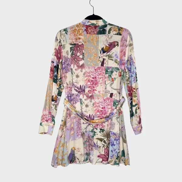 ZARA Dress Purple Mini Floral Patchwork Linen Shirtdress Waist Tie Boho Medium - Image 3