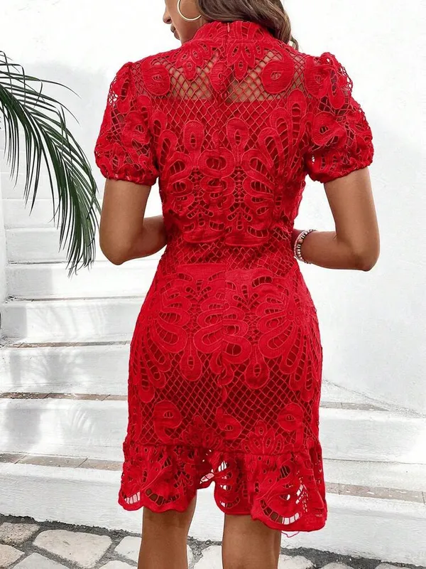 Red Hollow Out, Lace Short Sleeve Dress Size XL - Image 2