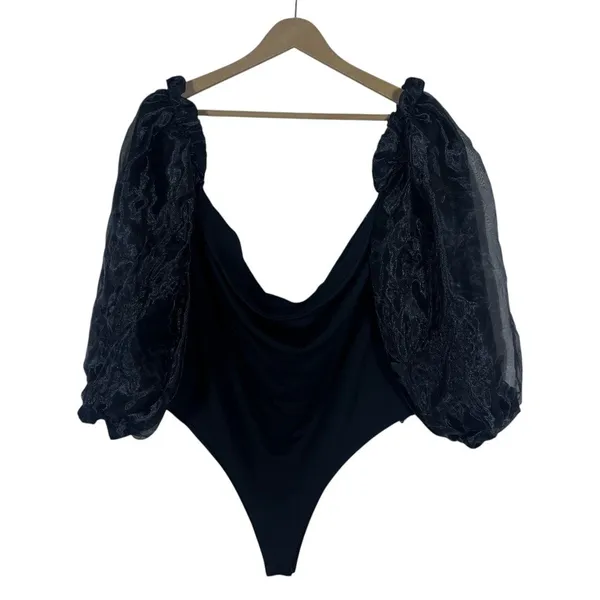 Lulus Dramatic Organza Puff Sleeve Solid Bodysuit Black Romantic Chic Size XL - Image 2