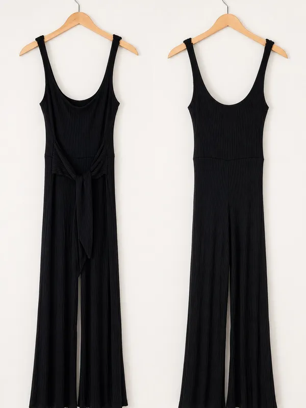 Reformation‎ Black Ribbed Wide-Leg Jumpsuit with Tie Waist - Image 3