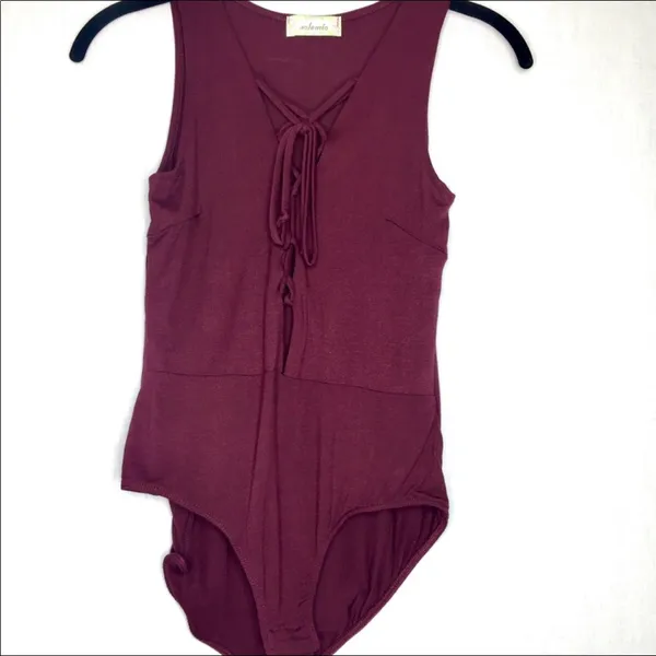 Solemio Maroon Lace Up Snap Bottom Bodysuit Size Small - Image 4